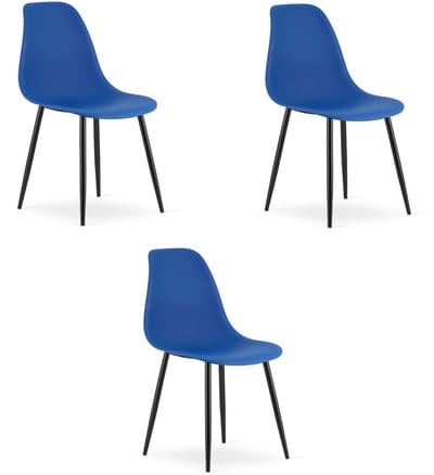 Set van 3 Stoelen WAT – Blauw, Zwarte Metalen Poten, Kunststof Zitting – Modern en Ergonomisch – Geschikt voor Eetkamer, Woonkamer, Keuken, Thuiswerkplek, Kantine en Wachtruimte – Eenvoudige Montage
