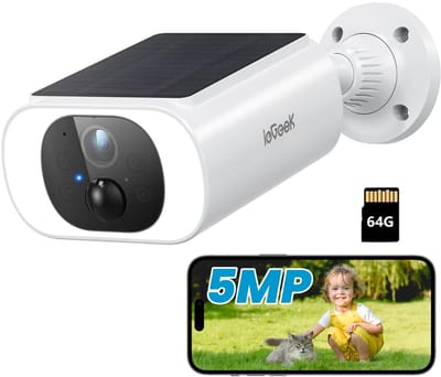 ieGeek S1 Pro Solar Camera - Draadloze Beveiligingscamera voor Buiten - Buiten Camera met Zonnepaneel - Bewakingscamera voor Buiten - Inclusief SD-kaart (64GB) - Beveiligingscamera Buiten - 5MP Ultra HD - Met Wifi en App - Wit