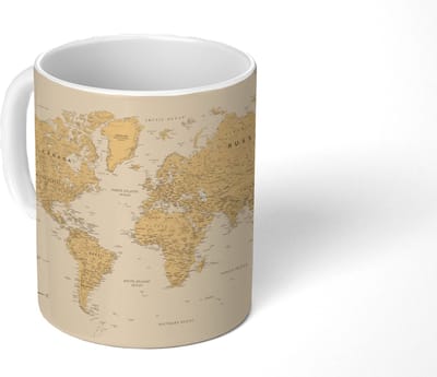 Mok - Koffiemok - Wereldkaart - Realistisch - Beige - Mokken - 350 ML - Beker - Koffiemokken - Theemok