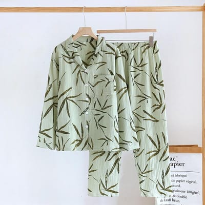 Nieuwe Dames Lente- en Zomerpyjama Set 100% Katoen Crêpe Dun Groen Lange Mouwen Broek Tweedelige Set L