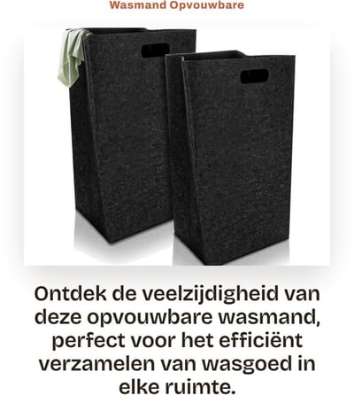 Dailygoods- Wasmand 60 Liter - Opvouwbare Wasverzamelaar - Smalle Wasmand - Vilten Wasmand - Zwart - Geschikt voor Slaapkamer/Badkamer