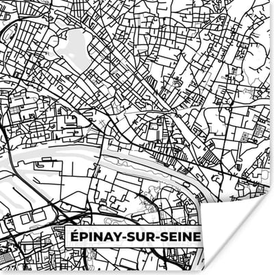 Poster Frankrijk - Plattegrond - Épinay-sur-Seine - Stadskaart - Kaart - Zwart wit - 100x100 cm XXL
