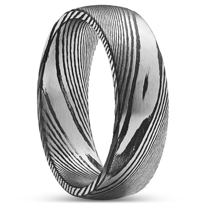 Fortis | 7 mm Gunmetalgrijze en Zilverkleurige Court-ring van Damascusstaal