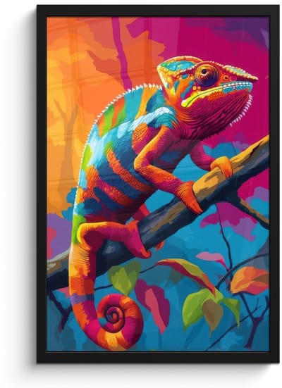Poster in lijst - Fotolijst 40x60 cm - Posters - Kameleon - Tak - Gestreept - Bladeren - Posterlijst zwart - Decoratie - Wanddecoratie woonkamer - Muurdecoratie slaapkamer