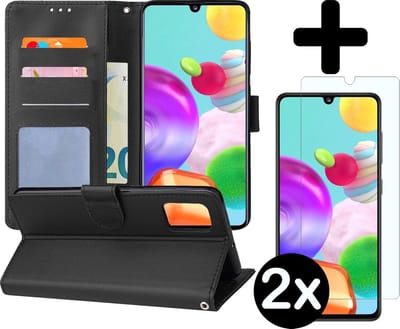Hoesje - Met 2x Screenprotector - Geschikt voor Samsung Galaxy A41 - Luxe Pasjeshouder - Flip Case - Bookcase Portemonee - Kunstleer Book Case - Flipcase Hoes - Book Cover - Walletcase - Portemonneehoes - Telefoonhoes - Zwart