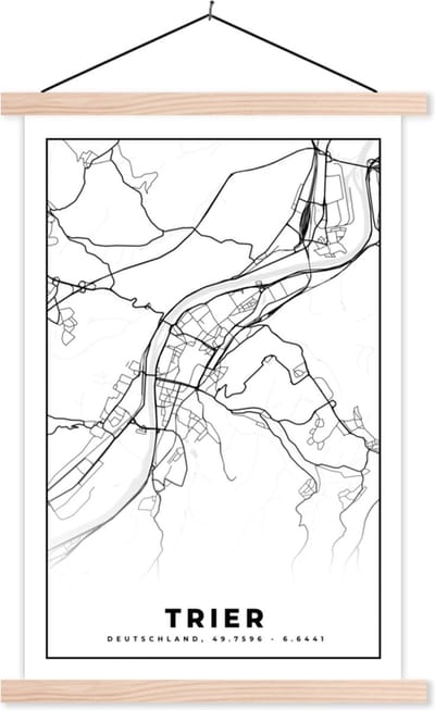 Posterhanger incl. Poster 40x60 cm - Schoolplaat - Trier - Kaart - Stadskaart - Plattegrond - Textielposter - Blanke latten - Stadskaart