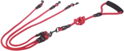 Dubbele Hondenriem met 3 Ropes – 2 Honden Uitlaatriem Nylon Koppeling, 3-weg Looplijn voor Twee of Meer Honden, Sterke Wandelriem - Rood