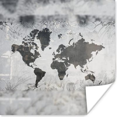 Poster 30x30 cm - Wereldkaart - Planten - Grijs - Posters - Kamer decoratie - Wanddecoratie woonkamer - Muurdecoratie slaapkamer