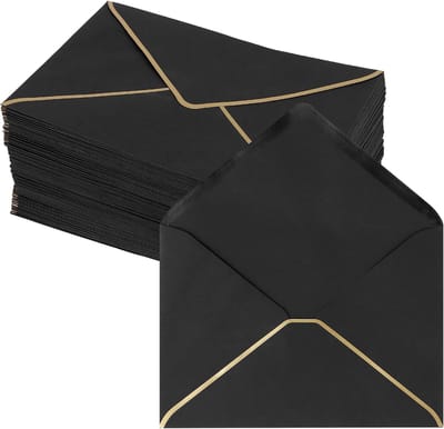 150 stuks zwarte A7 uitnodigingveloppen met gouden rand voor bruiloften, feesten en evenementen, 18,4 x 13,3 cm