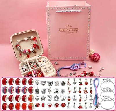 Loha-party®68 stuks Prince Bedelarmband Making Kit- Rode liefdesthema Armbanden sieraden-compleet sieradendoos- zelf maken ketting-Bedelarmbandenset-Verjaardagscadeau-Meisjes Knutselsets-Meisjescadeaus voor 5-13 jaar Verjaardag,Kerstmis
