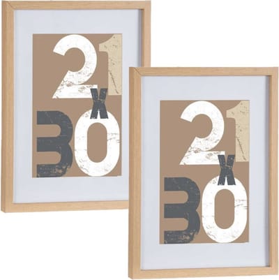 Houten fotolijst - 2x - bruin - 30 x 40 cm - fotolijstje - met passe-partout - voor foto's van 21 x 30 cm