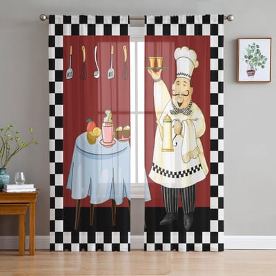 Rood Zwart En Wit Ruit Keuken Kook Gourmet Mes Transparante Gordijnen voor Woonkamer Raamgordijnen Keuken Tule Voile Gordijnen W135 x H115cm x1 brown
