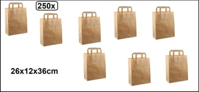 250x Papieren tas 26x12x36cm bruin kraft met platte handgreep - tas papier draagtas food tas bruin kraft met platte handgreep