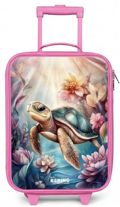 NoBoringSuitcases.com® - Kinderkoffer roze - Kindertrolley meisje - Zeeschildpad tussen bloemen onder water - Koffer kind lichtgewicht - Reiskoffer trolley voor kinderen - Koffertje met lichtgevende wieltjes - Rolkoffer