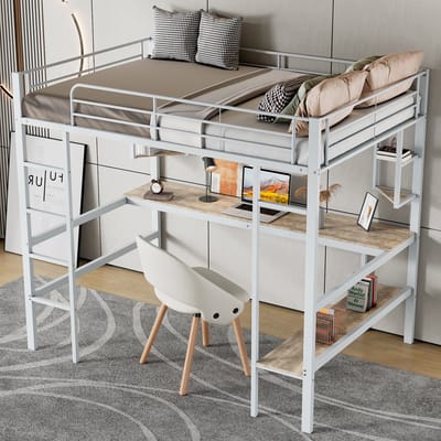 DESMIU Hoogslaper 90x200 cm – Met Bureau en Boekenrek – Ruimtebesparend Slaap- en Studiebed – Voor Jeugd en Studentenkamer – Metaal – Wit – Zonder Matras