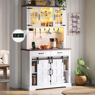 REDOM - Buffetskast - Met stopcontact en RGB-ledverlichting - 6 lades en verstelbare planken - Schuifdeuren en glazen deuren - MDF - Wit - 108 x 40 x 180 cm
