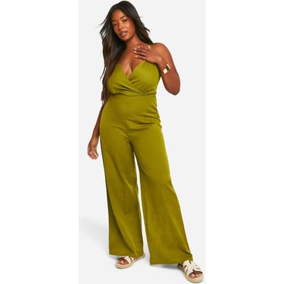 boohoo Dames Plus Geweven Bandjes Wijde Pijpen Jumpsuit | Kaki | Maat: 56