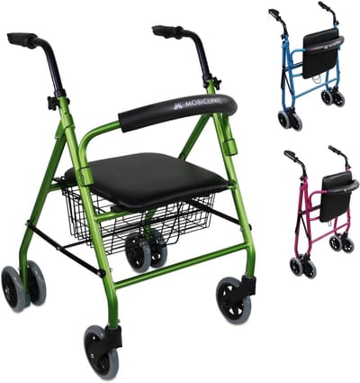 Mobiclinic Prado - Rollator - Looprek met 4 wielen - Stoel en Rugleuning - Opvouwbare en Verstelbare in Hoogte - Lichtgewicht - Aluminium - Zitting en mandje - Drukremmen - Groen