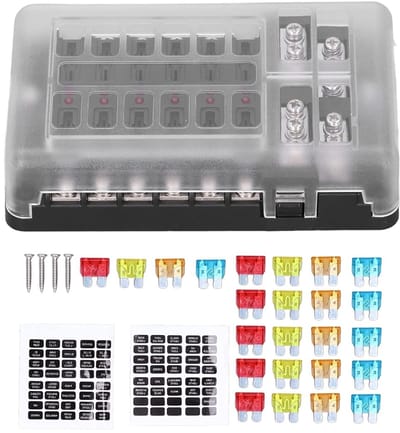 Waterdichte 12-weg zekeringdoos met LED-indicator, 32V 100A, voor auto, boot en maritiem gebruik, inclusief zekeringen en stickers, 138x85x37mm, ideaal voor voertuigen en accessoires
