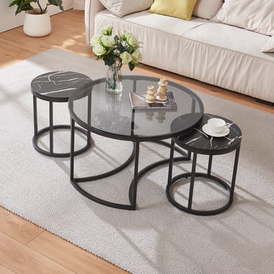 Salontafel set van 3 Kokkola rookglas marmer zwart en zwart [en.casa]