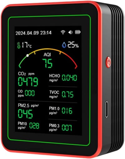 Luchtkwaliteit Detector - Luchtmeter CO2 PM2.5 - Binnenlucht Meten - Dubbele Ventilatie Structuur - 70x35x90mm - Zwart en Rood