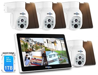 10 kanalen + 1 TB HDD: Hiseeu bewakingscamera's voor buiten, accuset, 4 x WLAN-accu, PTZ-camera's met kleuren-nachtzicht, 2-weg audio, PIR-bewegingsdetectie, app-alarm, IP66-weerbestendig