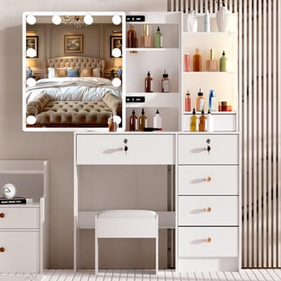 Make-uptafel Met Verlichting en Instelbare Helderheid, 6 Laden en Planken, Wit