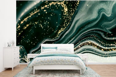 Behang - Fotobehang Marmerlook - Goud - Groen - Glitter - Design - Marmer - Breedte 320 cm x hoogte 240 cm