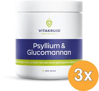 3x Vitakruid Psyllium 5000 mg & Glucomannan 1000 mg Vezels (450 gr)
