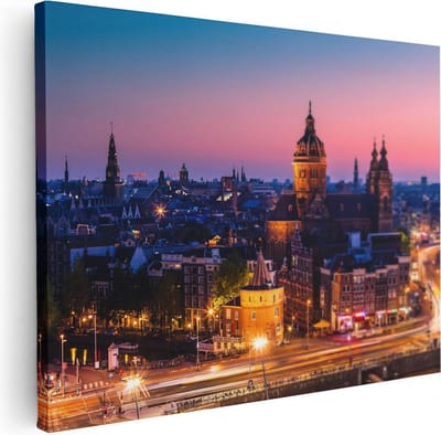 Artaza Canvas Schilderij Skyline Amsterdam - 40x30 cm - Klein - Wanddecoratie Stad - Muurdecoratie Zonsondergang - Kamer Accessoires Grachten
