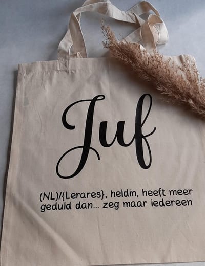 Mint11 - katoenen tas = naturel - juf - betekenis - canvastas - herbruikbare tas - boodschappentas - juffrouw