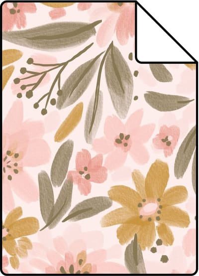 Proefstaal ESTAhome behang bloemen licht roze, okergeel en vergrijsd groen - 26.5 x 21 cm - 130923-S