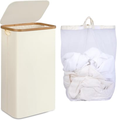 Wasmand 75L met Deksel en Afneembare Binnenzak - Smalle Wasmand voor Vuile Kleren en Speelgoedopslag