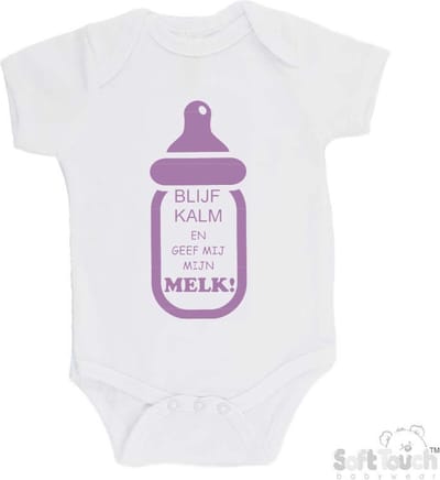 100% katoenen Romper "Blijf kalm en geef mij mijn MELK!" Meisjes Katoen Wit/lila Maat 62/68