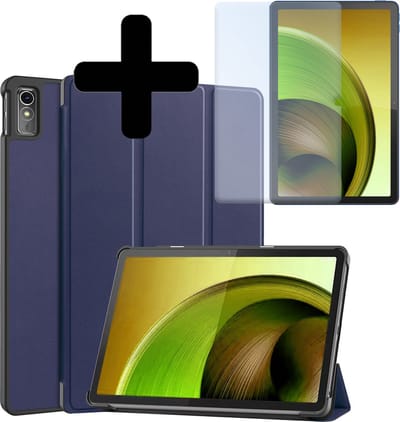 Hoes - Geschikt voor Lenovo Tab M10 5G - Met Screenprotector - Trifold Bookcase - Hard Cover - Hardcover Book Case - Tablet Hoesje - Donkerblauw