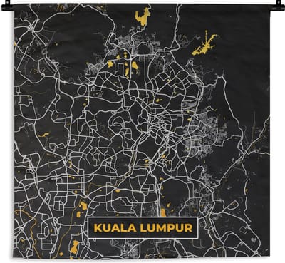 Wandkleed - Wanddoek - Kuala Lumpur - Stadskaart - Plattegrond - Goud - Kaart - 180x180 cm - Wandtapijt