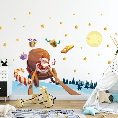 Kerststicker: Kerstman op zoek naar cadeaus - Kerststickers - feestdecoraties - 90x135cm