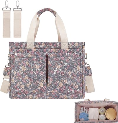 Hangende kinderwagentas met grote inhoud, klassiek bloemenpatroon | Draagbare luierorganizer, ideaal voor reisaccessoires, luiertas, stijlvolle hangbare kinderwagentas