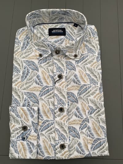 Boston Brothers heren blouse - overhemd heren - lange mouwen - 1507- wit/blauw/beige print - maat M