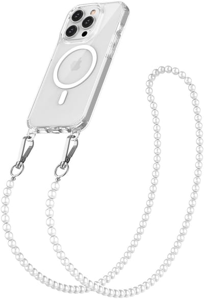Geschikt voor iPhone 16 Pro Hoesje Met Afneembare Koord - Solidenz Collection - Strap Case - Telefoonketting Kralen 16 Pro - Telefoon Ketting - Lanyard - Geschikt voor MagSafe Case - Met Parel Koord - Transparant