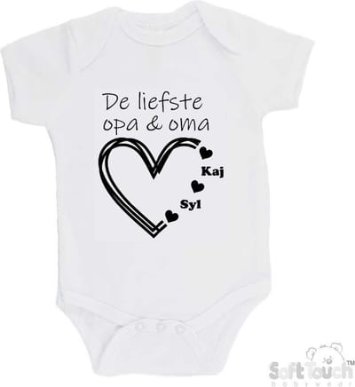 100% katoenen Romper "De liefste opa & oma met de namen van 2 kleinkinderen" Unisex Katoen Wit/zwart 56/62