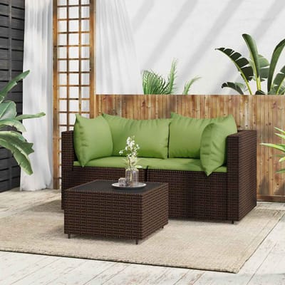 vidaXL - 3-delige - Loungeset - met - kussens - poly - rattan - bruin