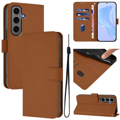 Telefoonhoesje van effen leer met een natuurlijke textuur en draagkoord voor Samsung Galaxy S24+ 5G (bruin).