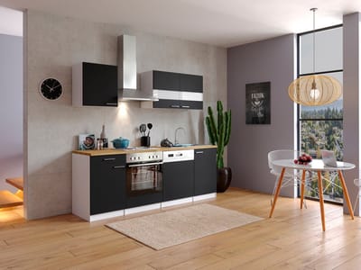 Goedkope keuken 220 cm - complete keuken met apparatuur Malia - Wit/Zwart - soft close - elektrische kookplaat - vaatwasser - afzuigkap - oven - spoelbak