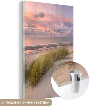 MuchoWow® Glasschilderij 120x180 cm - Schilderij acrylglas - Strand - Zee - Duin - Nederland - Roze - Foto op glas - Muurdecoratie woonkamer - Wanddecoratie slaapkamer - Schilderijen