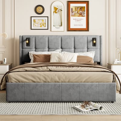 Opbergbed 140x200 cm – Luxe grijs fluwelen tweepersoonsbed met 2 leeslampjes – Slaapkamerbed met praktische opbergvakken