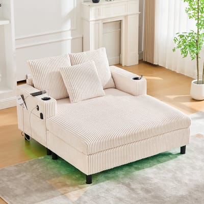 MODFU Relaxfauteuil Met Chaise Longue En USB-Aansluiting - LED-Verlichting - Klassiek - Woonkamer - Ribfluweel - Beige - 142 X 128 X 85 Cm