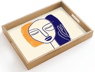 Dienblad hout 40x30 cm - Schootdienblad - Minimalistisch - Gezicht - Hand - Oranje - Blauw - Borrelplank rechthoek - Plateau dienbladen