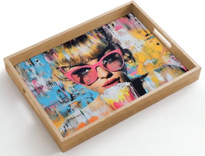 Dienblad hout 50x35 cm - Schootdienblad - Zonnebril - Vrouw - Kleurrijk - Verfspetters - Borrelplank rechthoek - Plateau dienbladen