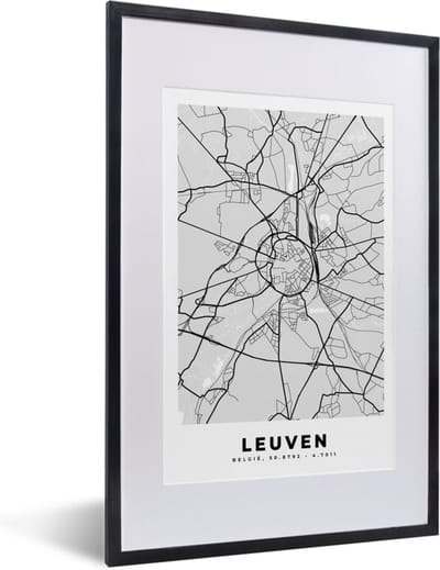 Fotolijst incl. Poster Zwart Wit- Zwart Wit – België – Plattegrond – Stadskaart – Kaart – Leuven - 40x60 cm - Posterlijst